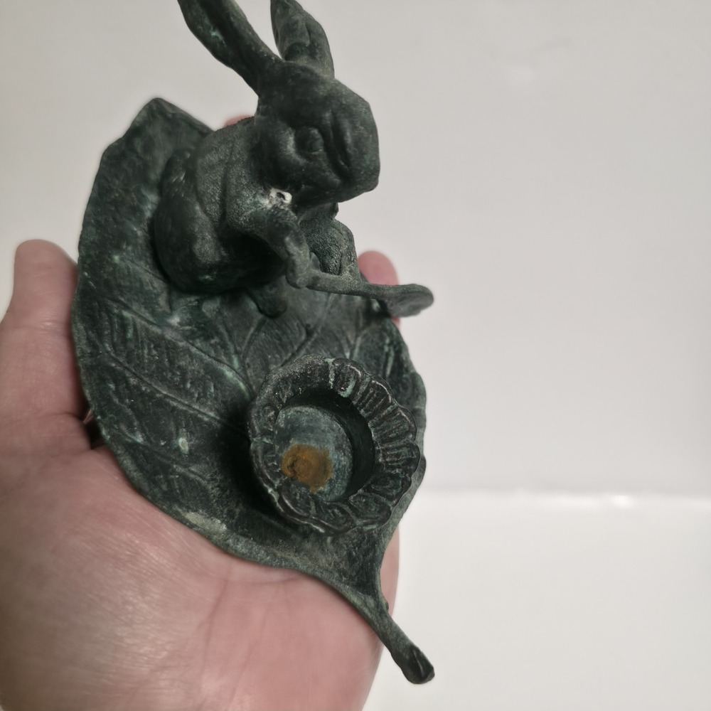 Vintage Cast Metal Bunny Rabbit Rowing Leaf Candle Holder Verdigris Patina